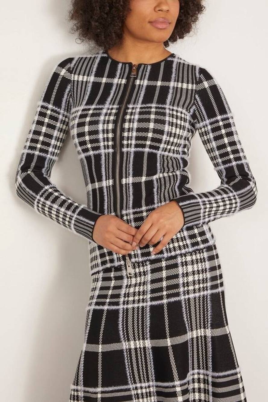 Brandon Maxwell Greer Zip Front Knit Cardigan in Black Plaid S
